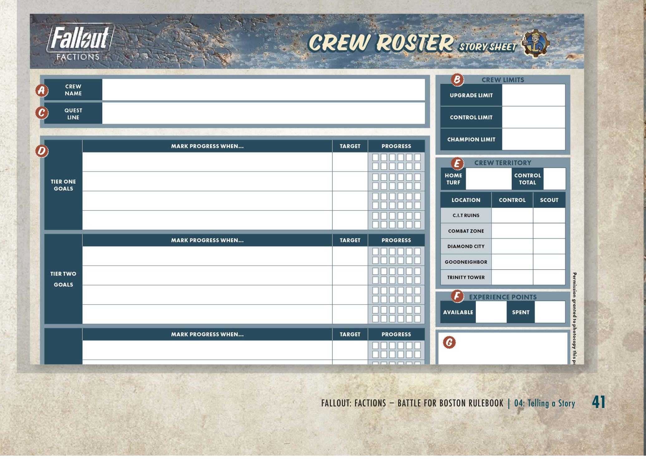 Story Sheet example with callouts A–G