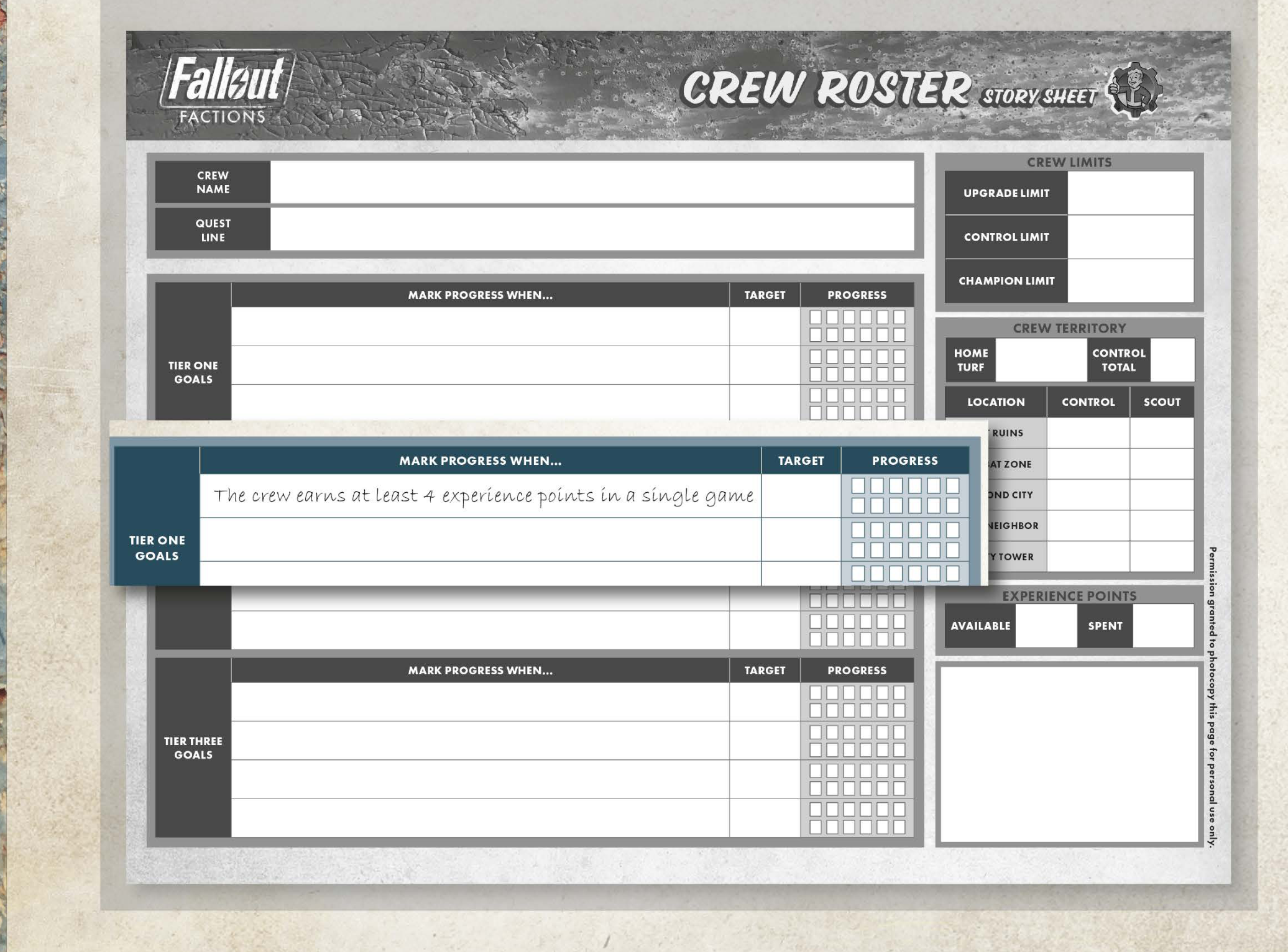 Story Sheet Goals example