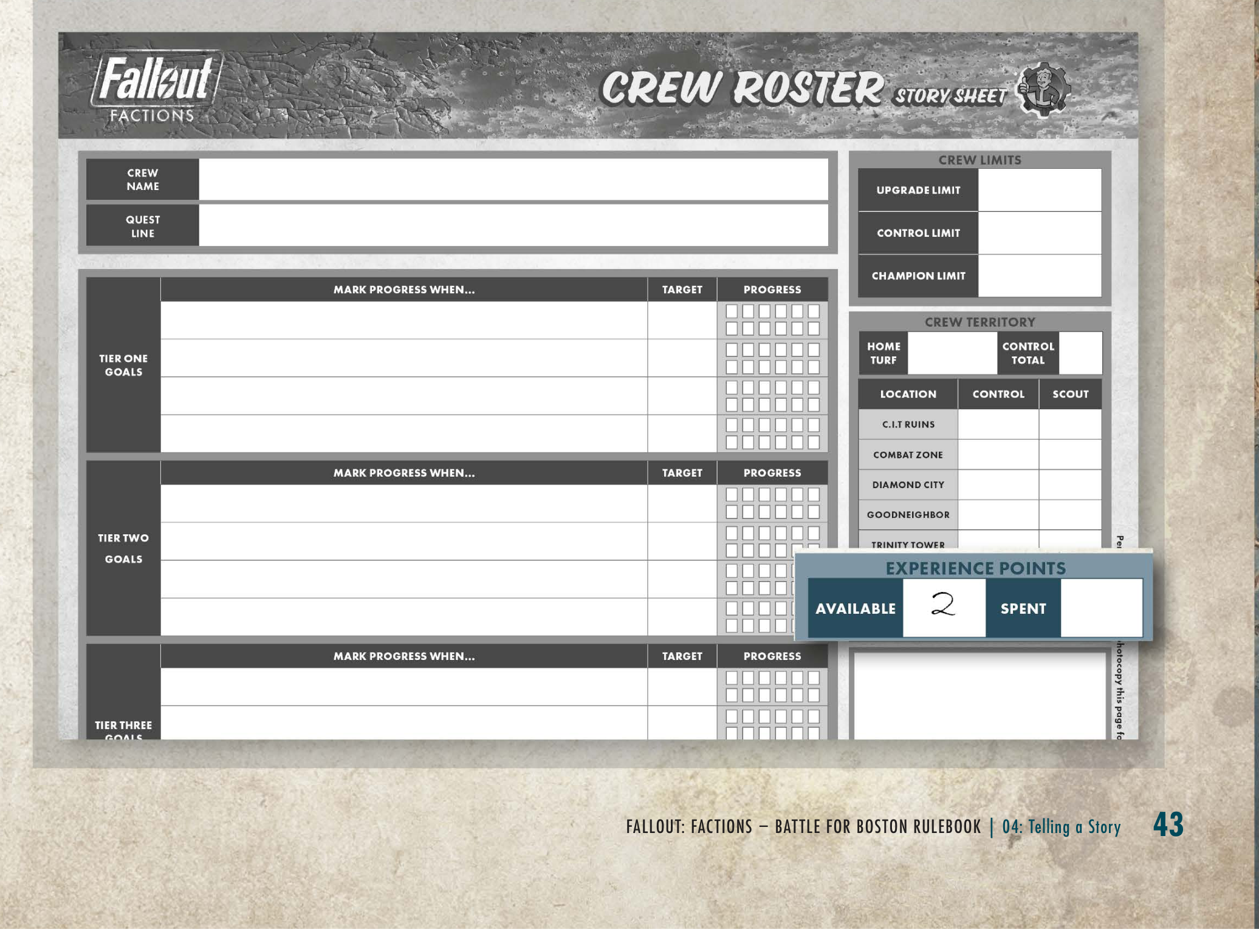 Story Sheet Experience Points example